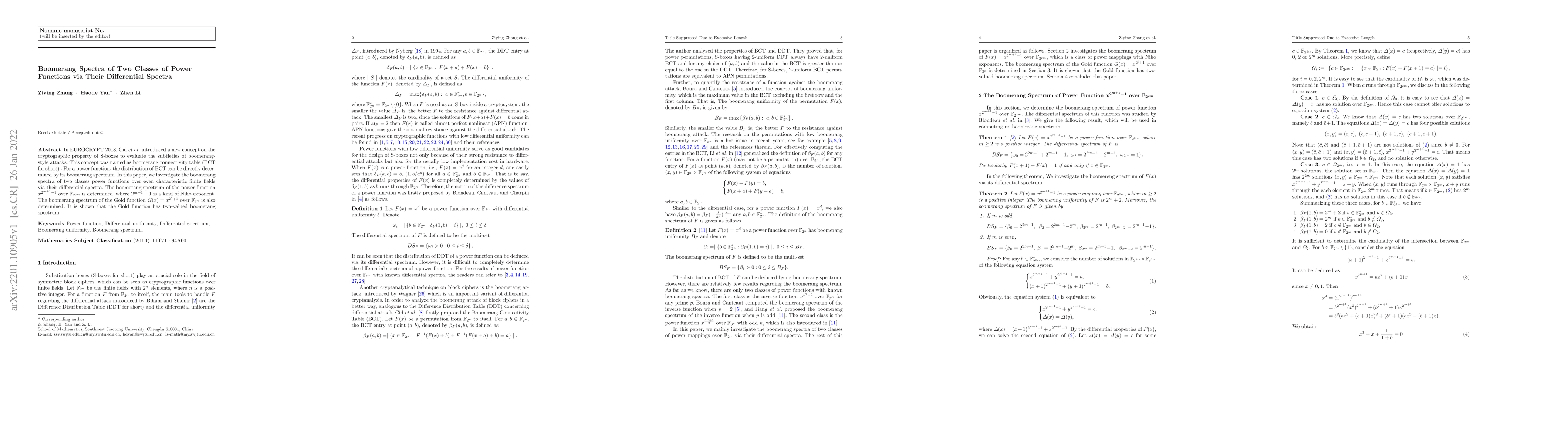 Thumbnail for Boomerang Spectra of Two Classes of Power Functions via Their
  Differential Spectra