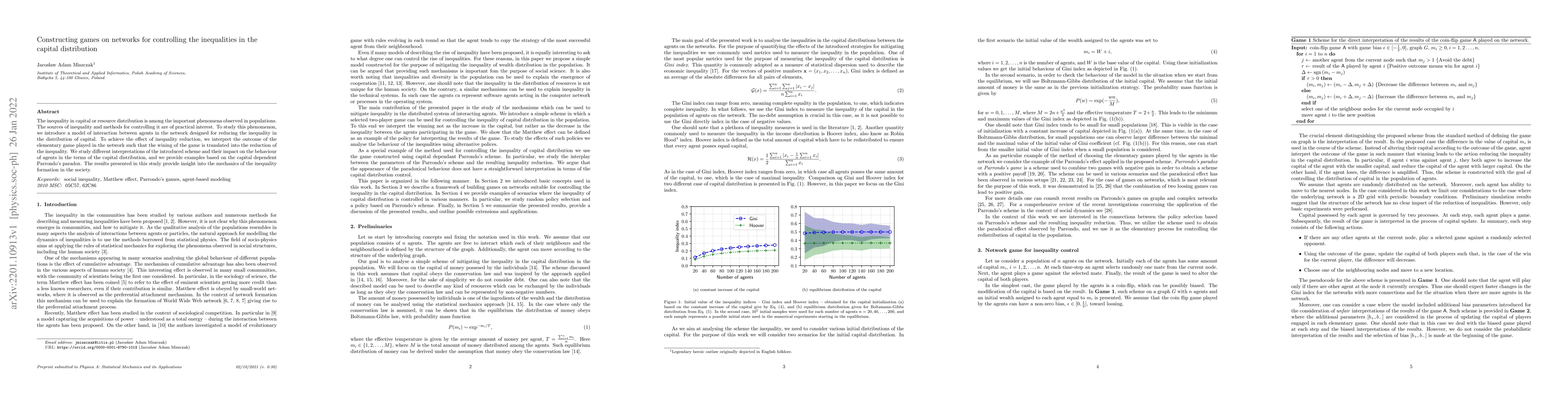 Thumbnail for Constructing games on networks for controlling the inequalities in the
  capital distribution