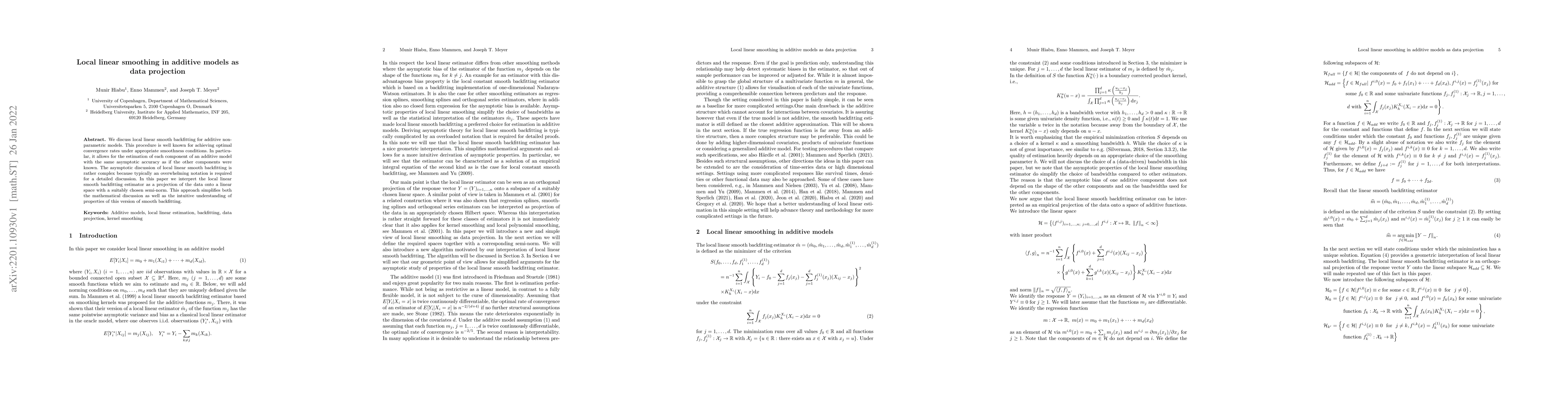 Thumbnail for Local linear smoothing in additive models as data projection