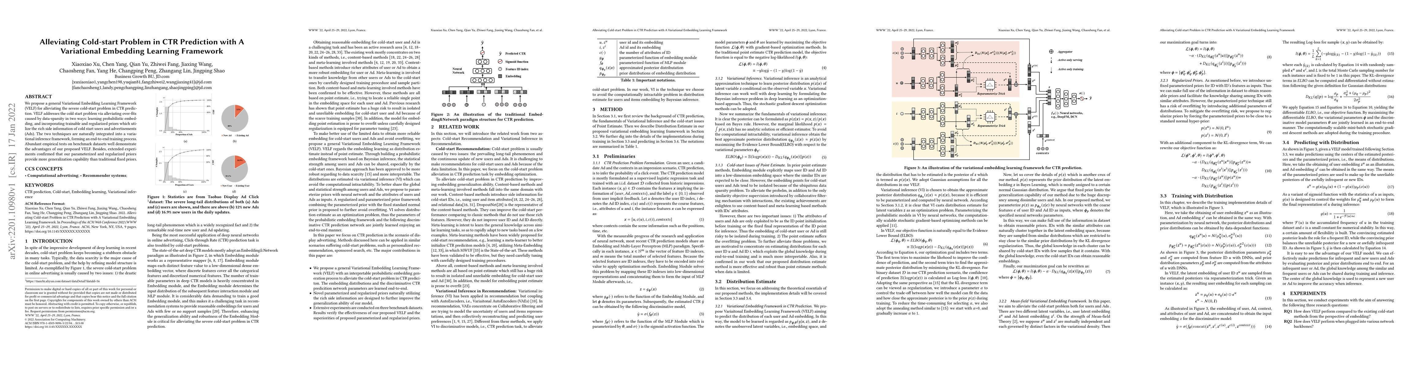 Thumbnail for Alleviating Cold-start Problem in CTR Prediction with A Variational
  Embedding Learning Framework