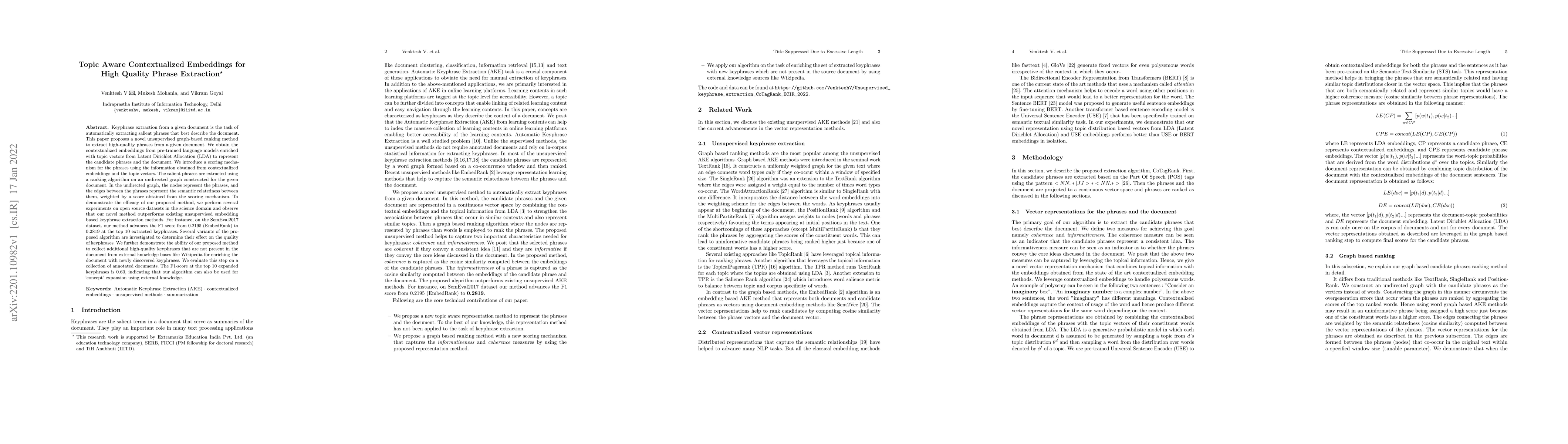 Thumbnail for Topic Aware Contextualized Embeddings for High Quality Phrase Extraction