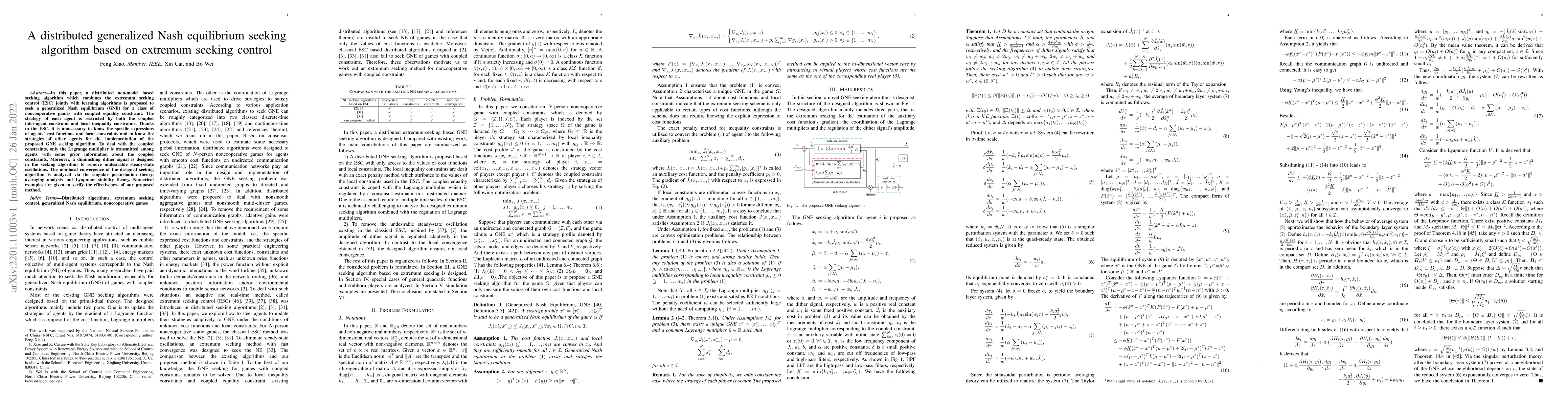 Thumbnail for A distributed generalized Nash equilibrium seeking algorithm based on
  extremum seeking control