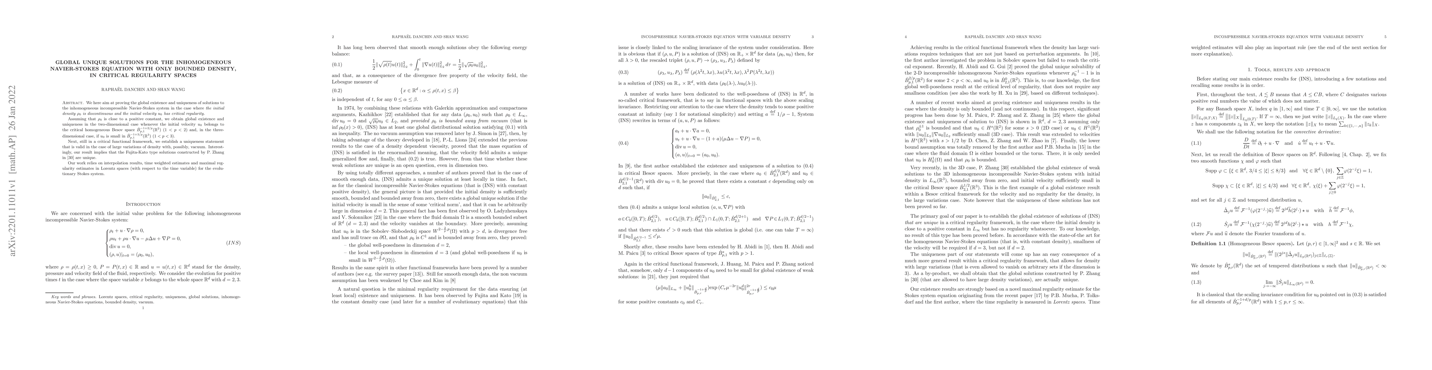 Thumbnail for Global unique solutions for the inhomogeneous Navier-Stokes equation
  with only bounded density, in critical regularity spaces