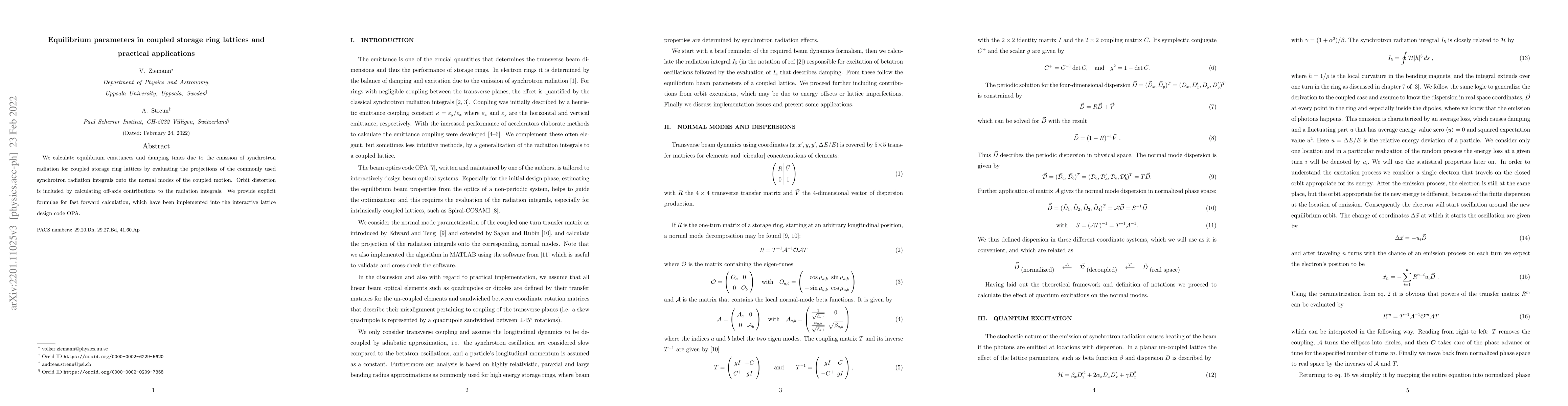 Thumbnail for Equilibrium parameters in coupled storage ring lattices and practical
  applications