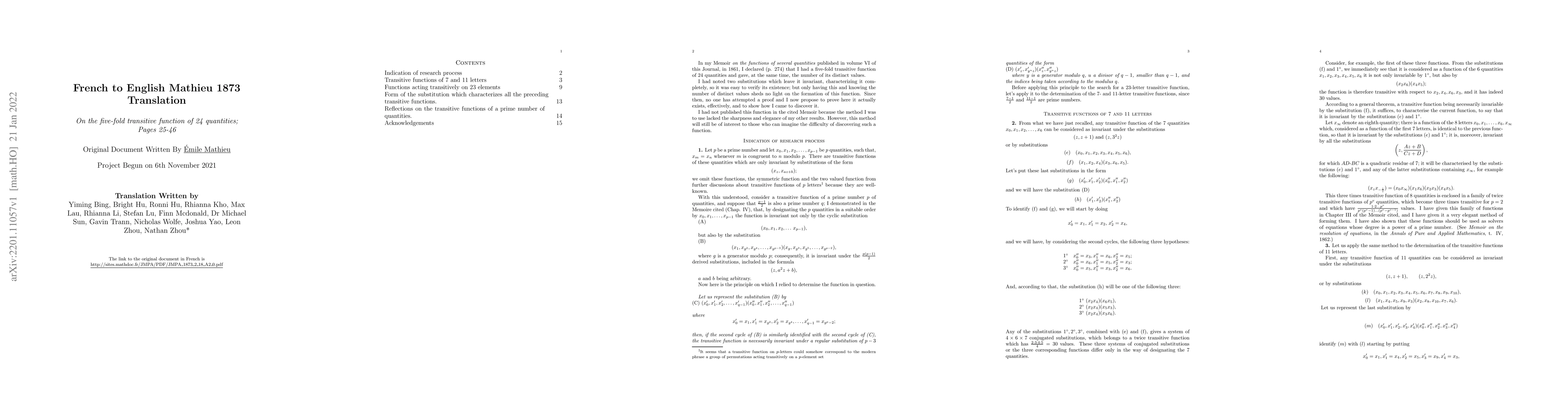 Thumbnail for Translation of Mathieu's On the five-fold transitive function of 24
  quantities