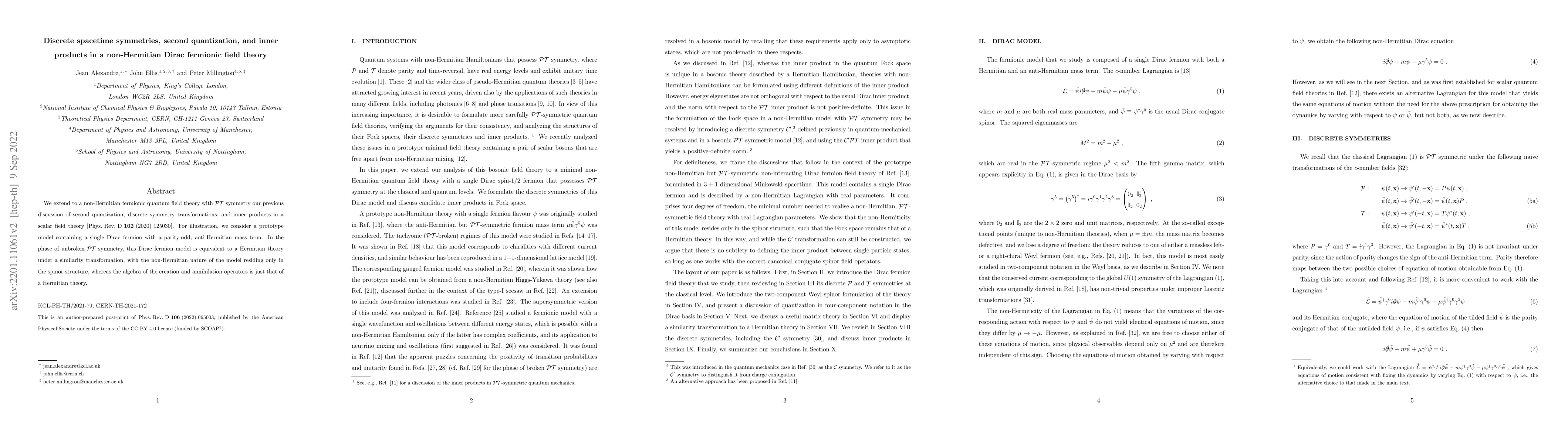 Thumbnail for Discrete spacetime symmetries, second quantization, and inner products
  in a non-Hermitian Dirac fermionic field theory