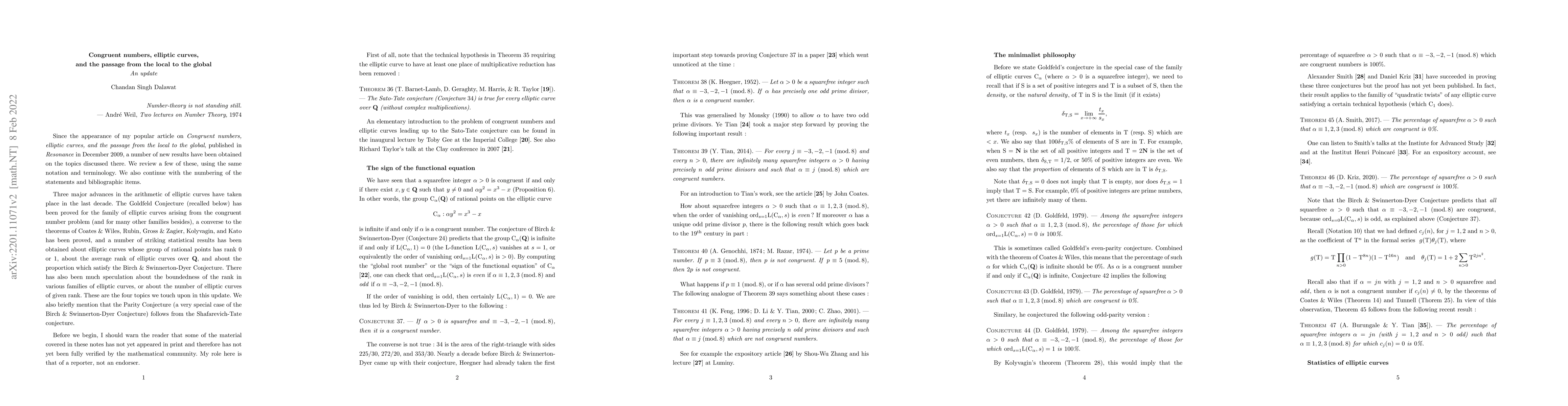 Thumbnail for Congruent numbers, elliptic curves, and the passage from the local to
  the global: an update