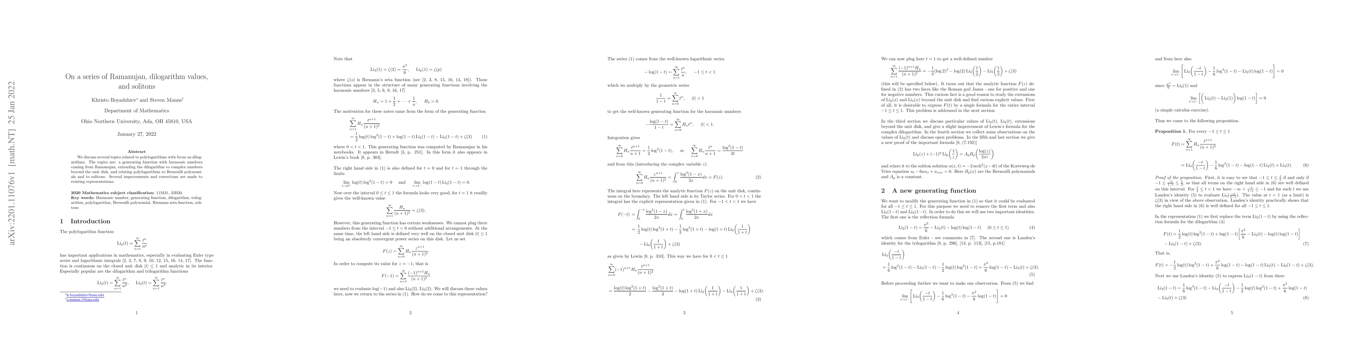 Thumbnail for On a series of Ramanujan, dilogarithm values, and solitons