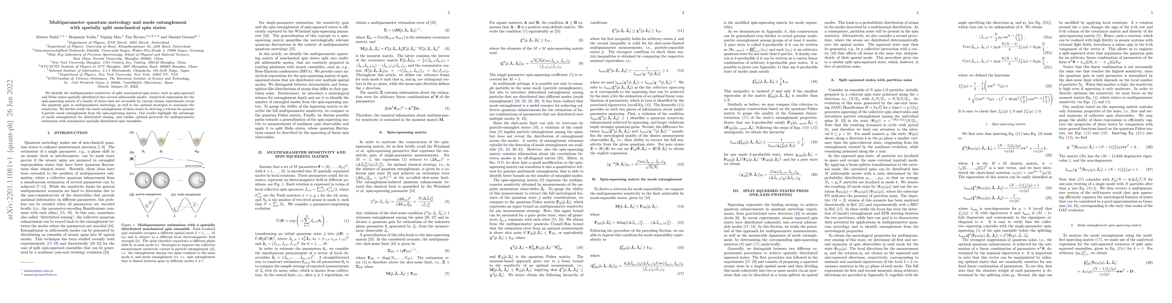 Thumbnail for Multiparameter quantum metrology and mode entanglement with spatially
  split nonclassical spin states