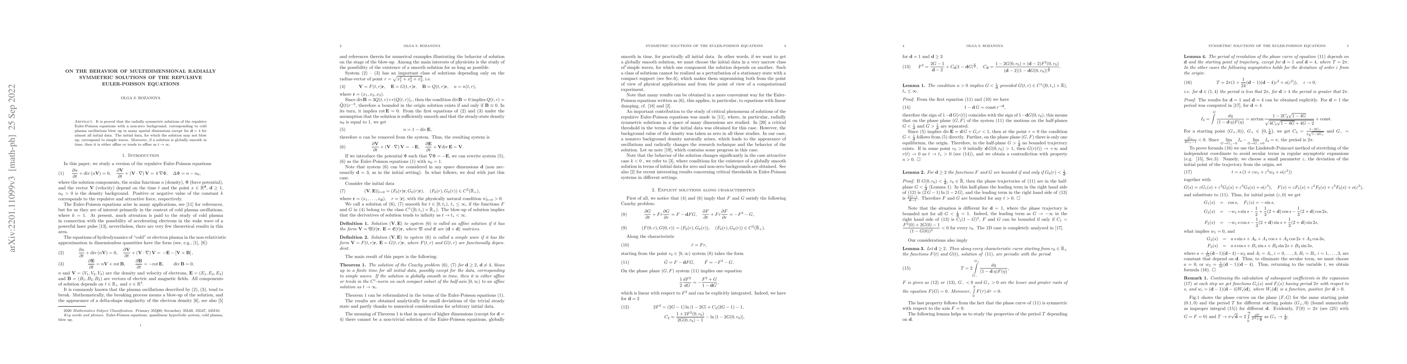 Thumbnail for On the behavior of multidimensional axisymmetric solutions of the
  repulsive Euler-Poisson equations
