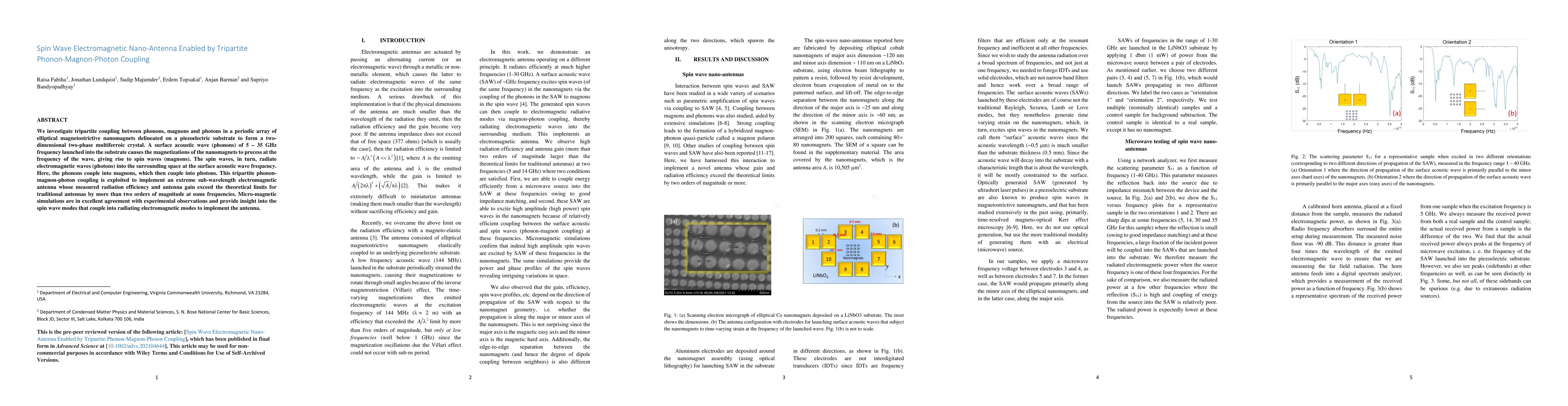 Thumbnail for Spin Wave Electromagnetic Nano-Antenna Enabled by Tripartite
  Phonon-Magnon-Photon Coupling