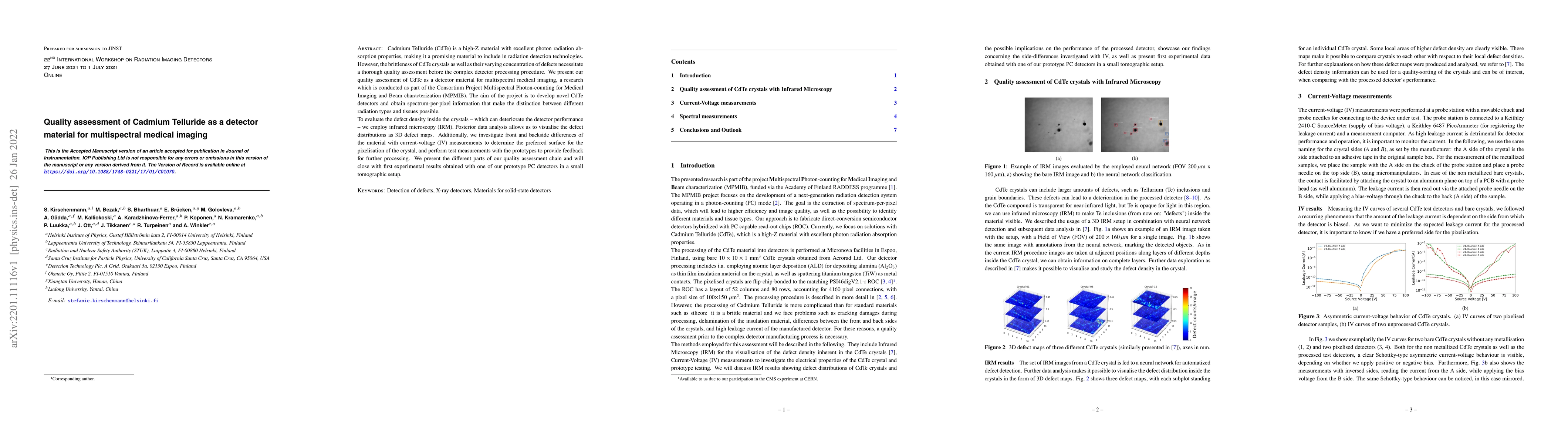 Thumbnail for Quality assessment of Cadmium Telluride as a detector material for
  multispectral medical imaging