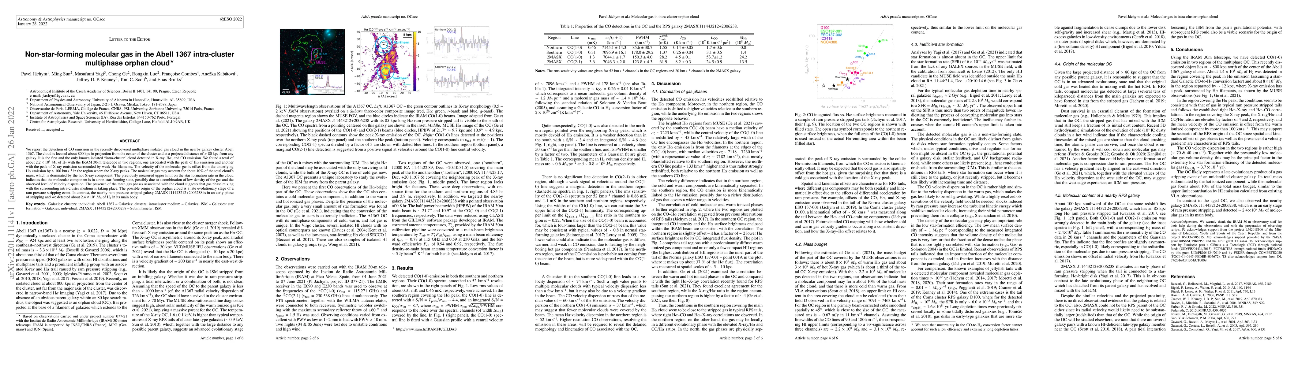 Thumbnail for Non-star-forming molecular gas in the Abell 1367 intra-cluster
  multiphase orphan cloud