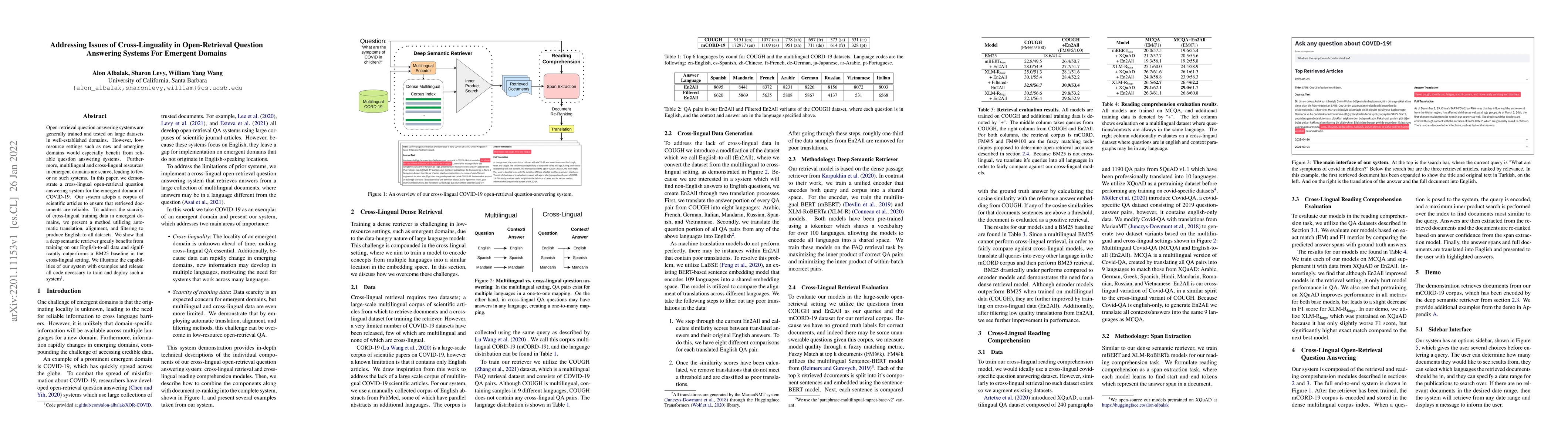 Thumbnail for Addressing Issues of Cross-Linguality in Open-Retrieval Question
  Answering Systems For Emergent Domains