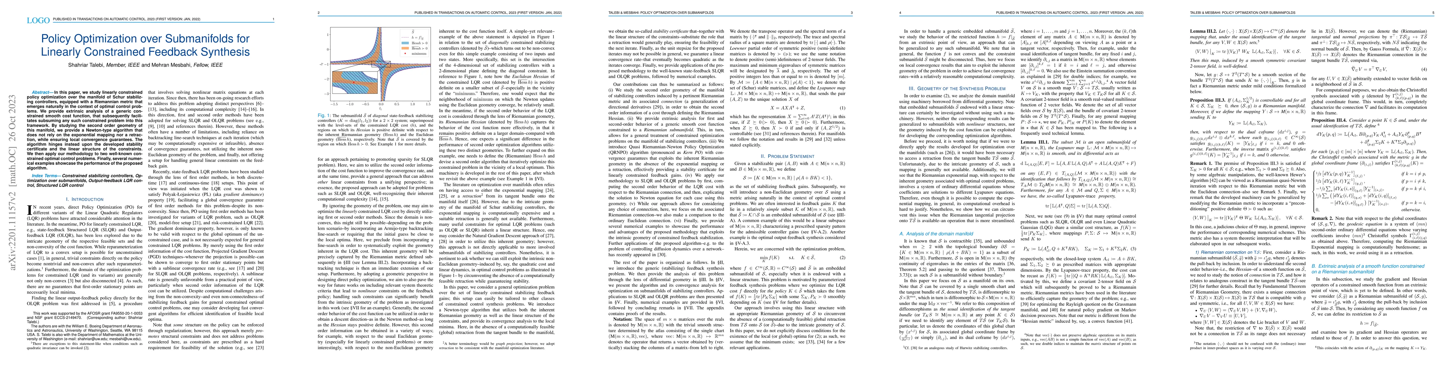 Thumbnail for Policy Optimization over Submanifolds for Linearly Constrained Feedback
  Synthesis