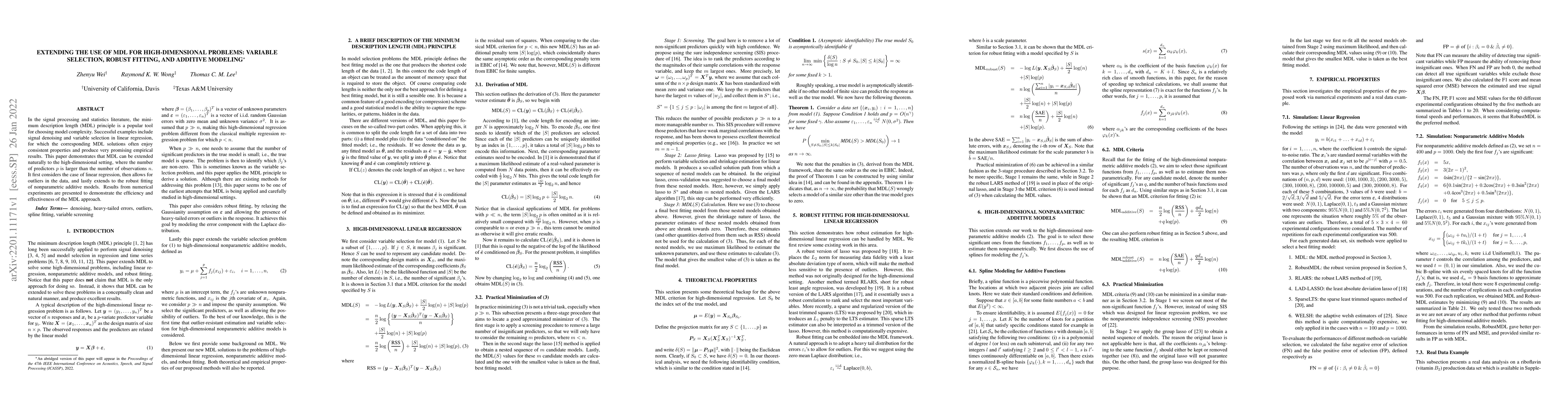 Thumbnail for Extending the Use of MDL for High-Dimensional Problems: Variable
  Selection, Robust Fitting, and Additive Modeling