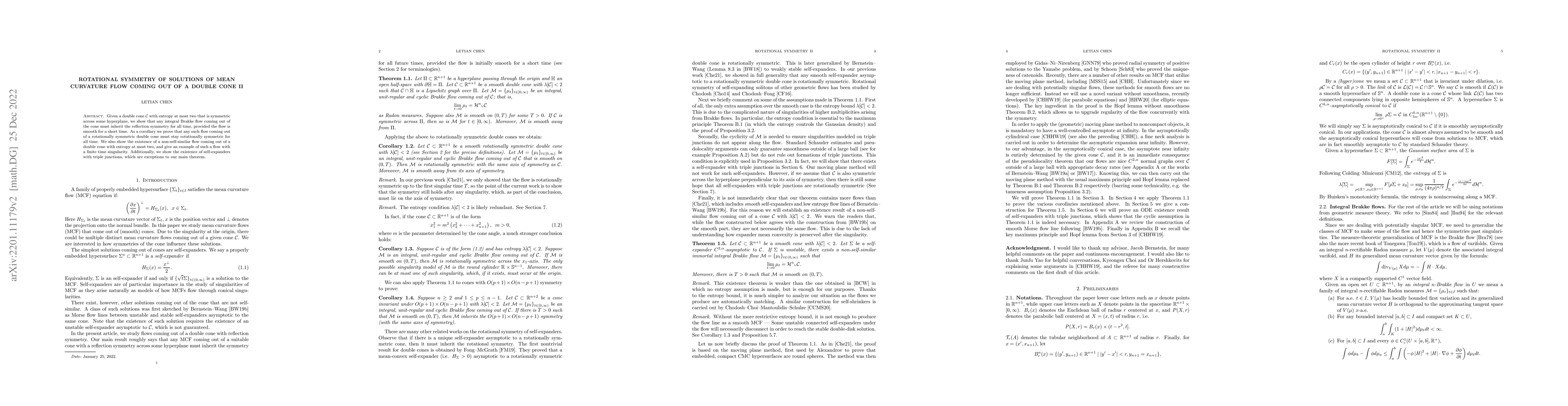 Thumbnail for Rotational symmetry of solutions of mean curvature flow coming out of a
  double cone II