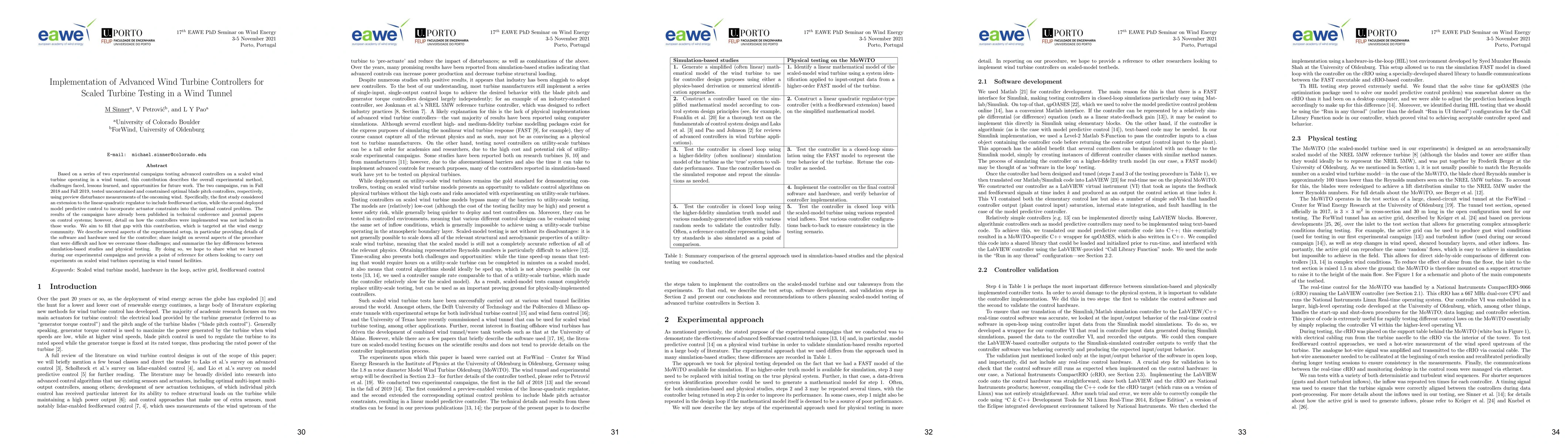 Thumbnail for Implementation of Advanced Wind Turbine Controllers for Scaled Turbine
  Testing in a Wind Tunnel