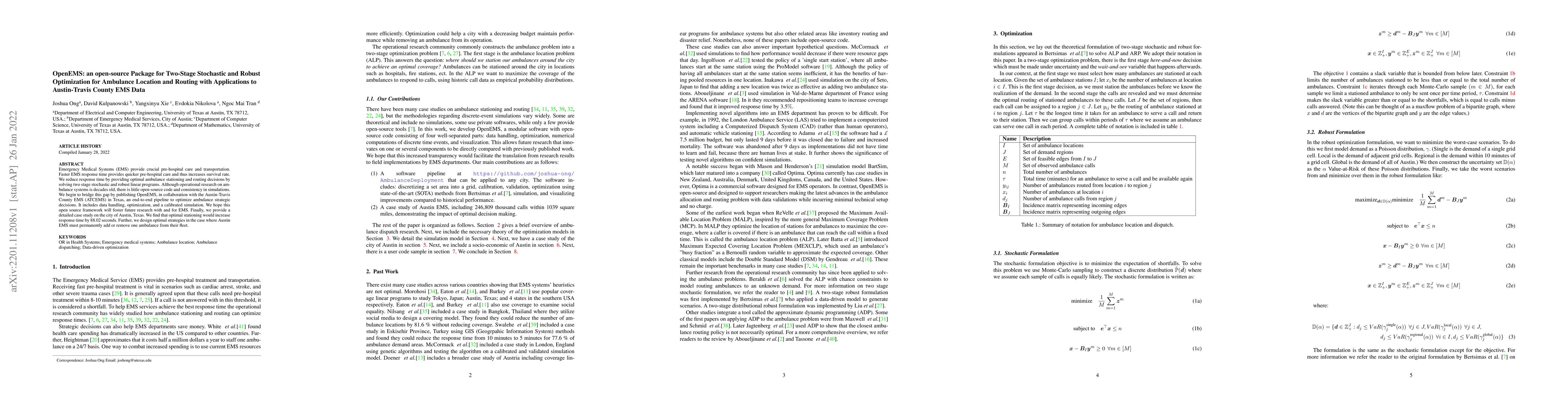 Thumbnail for OpenEMS: an open-source Package for Two-Stage Stochastic and Robust
  Optimization for Ambulance Location and Routing with Applications to
  Austin-Travis County EMS Data