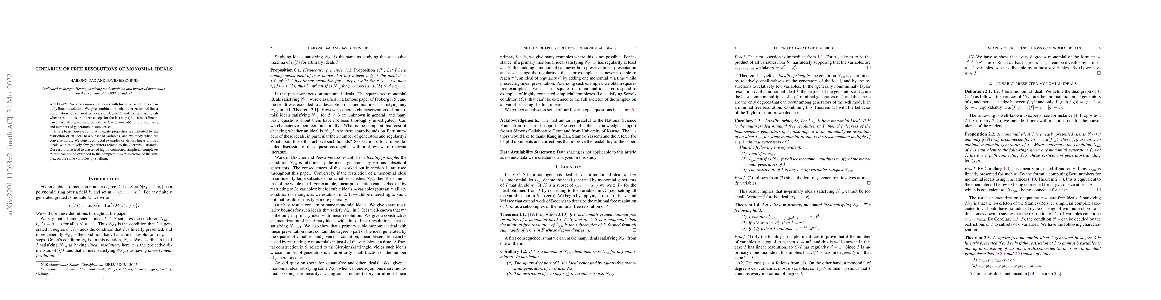 Thumbnail for Linearity of Free Resolutions of Monomial Ideals