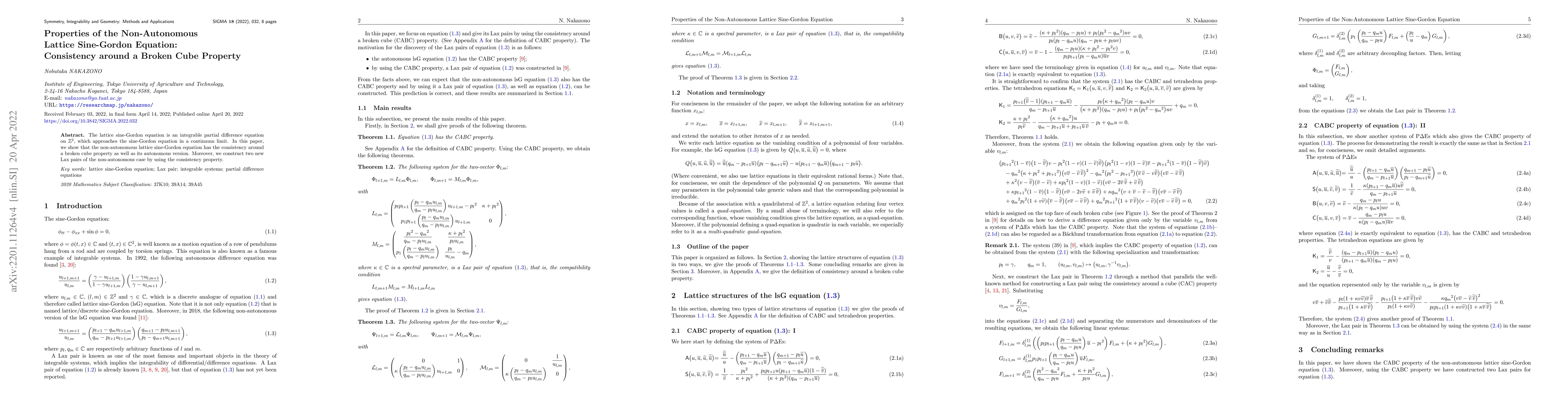 Thumbnail for Properties of the Non-Autonomous Lattice Sine-Gordon Equation:
  Consistency around a Broken Cube Property