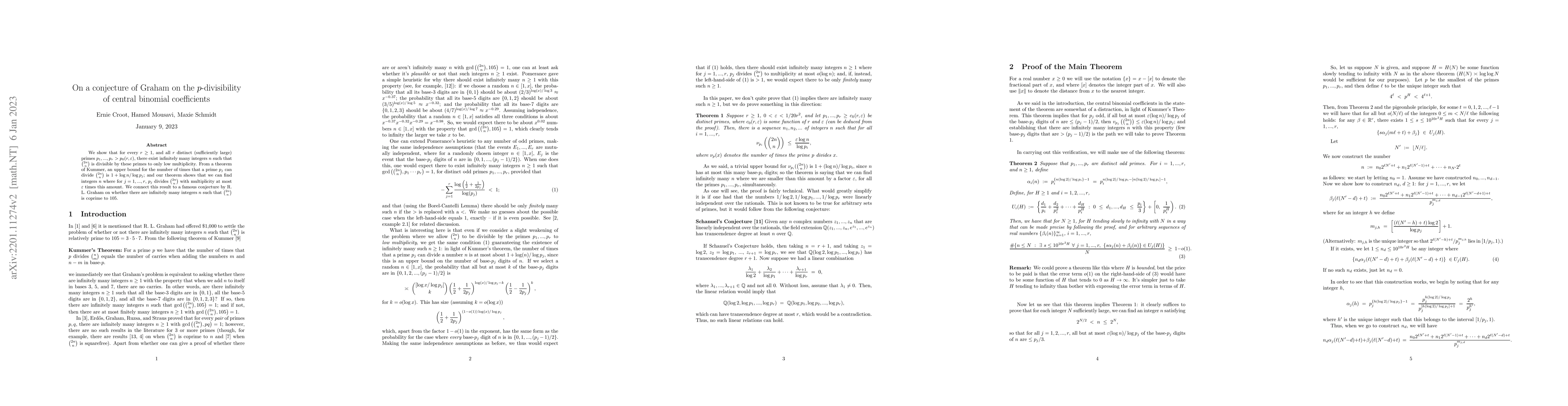 Thumbnail for On a conjecture of Graham on the p-divisibility of central binomial
  coefficients