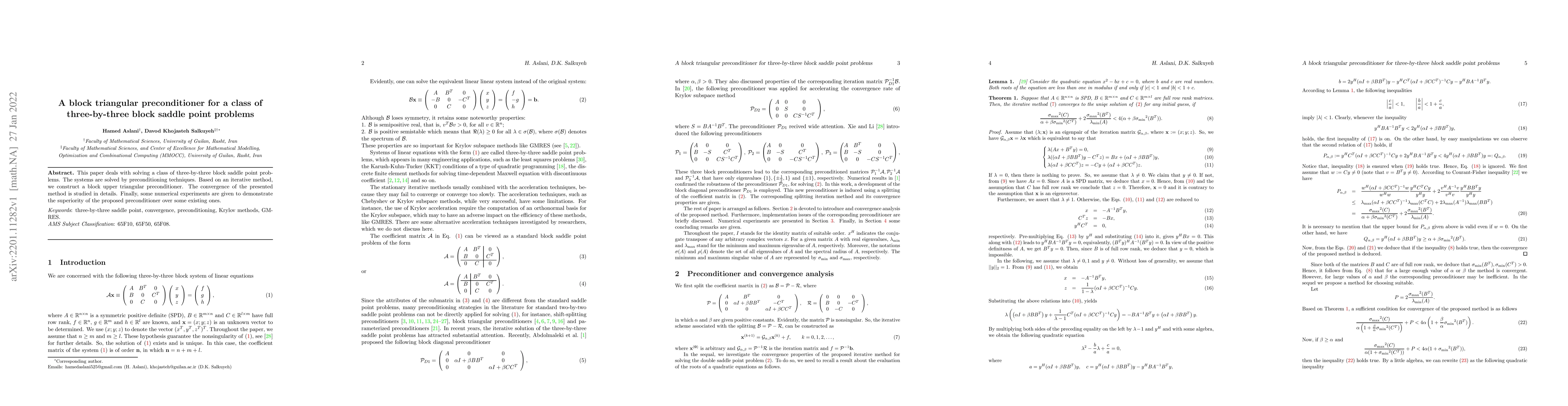 Thumbnail for A block triangular preconditioner for a class of three-by-three block
  saddle point problems