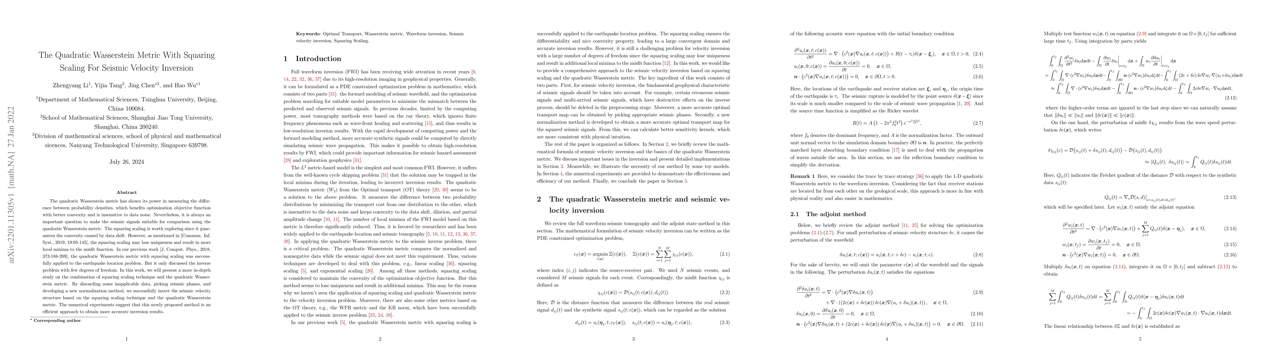 Thumbnail for The Quadratic Wasserstein Metric With Squaring Scaling For Seismic
  Velocity Inversion