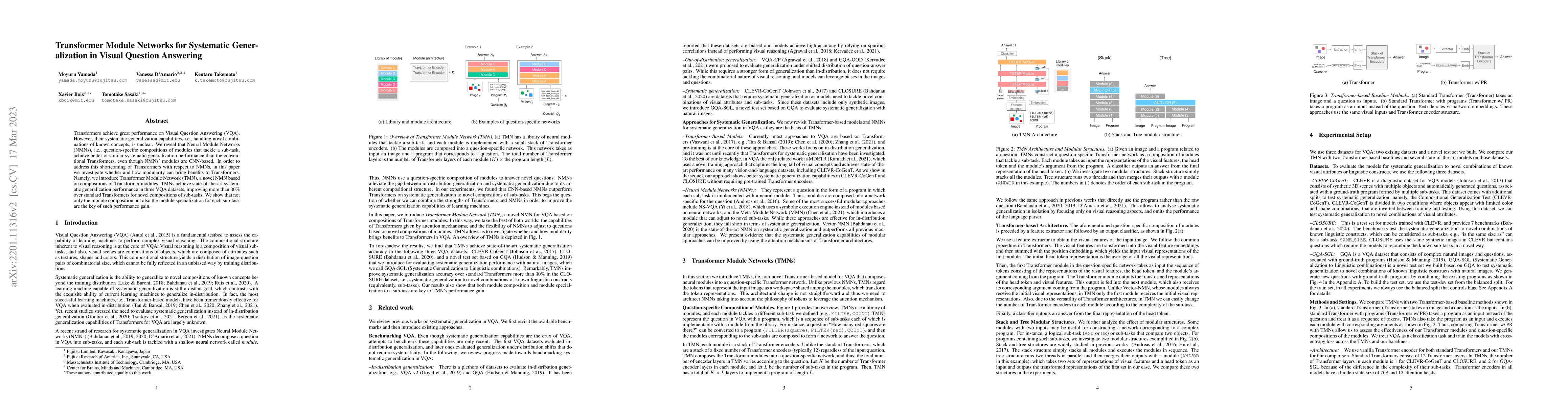 Thumbnail for Transformer Module Networks for Systematic Generalization in Visual
  Question Answering