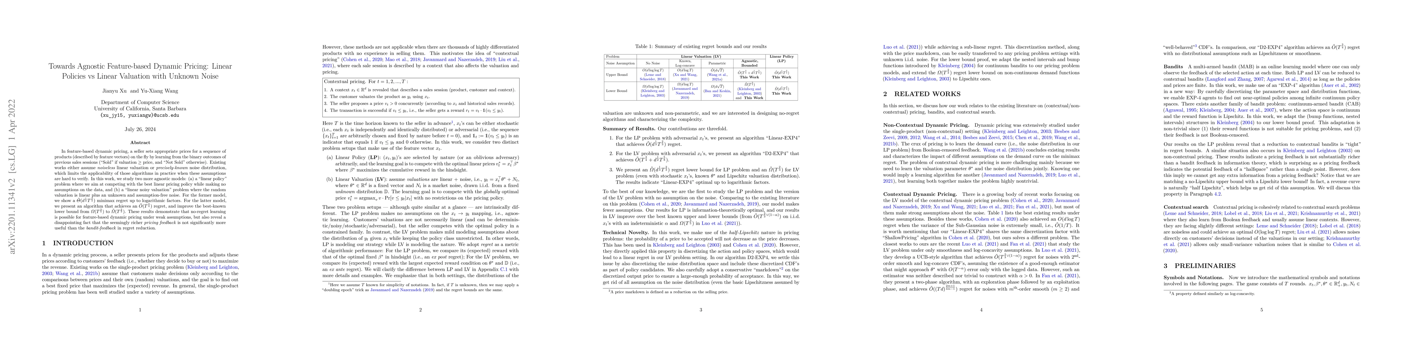Thumbnail for Towards Agnostic Feature-based Dynamic Pricing: Linear Policies vs
  Linear Valuation with Unknown Noise