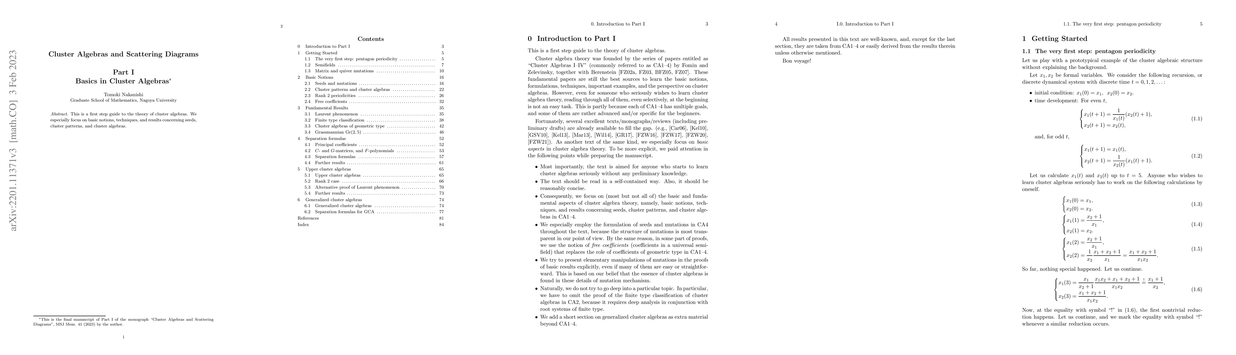 Thumbnail for Cluster Algebras and Scattering Diagrams, Part I. Basics in Cluster
  Algebras