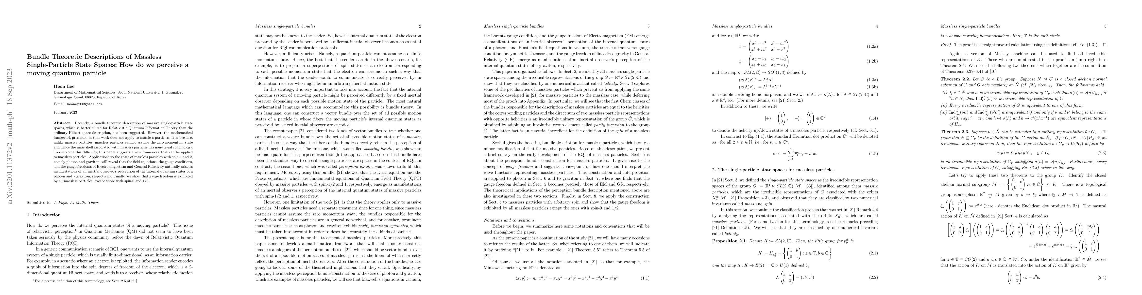 Thumbnail for Bundle Theoretic Descriptions of Massless Single-Particle State Spaces;
  How do we perceive a moving quantum particle