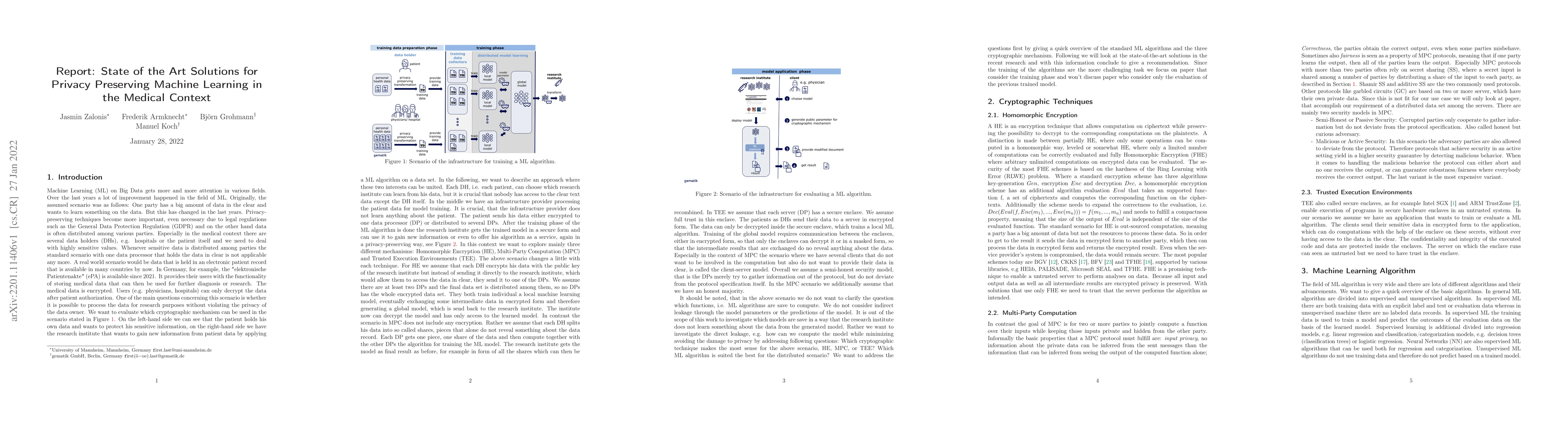 Thumbnail for Report: State of the Art Solutions for Privacy Preserving Machine
  Learning in the Medical Context