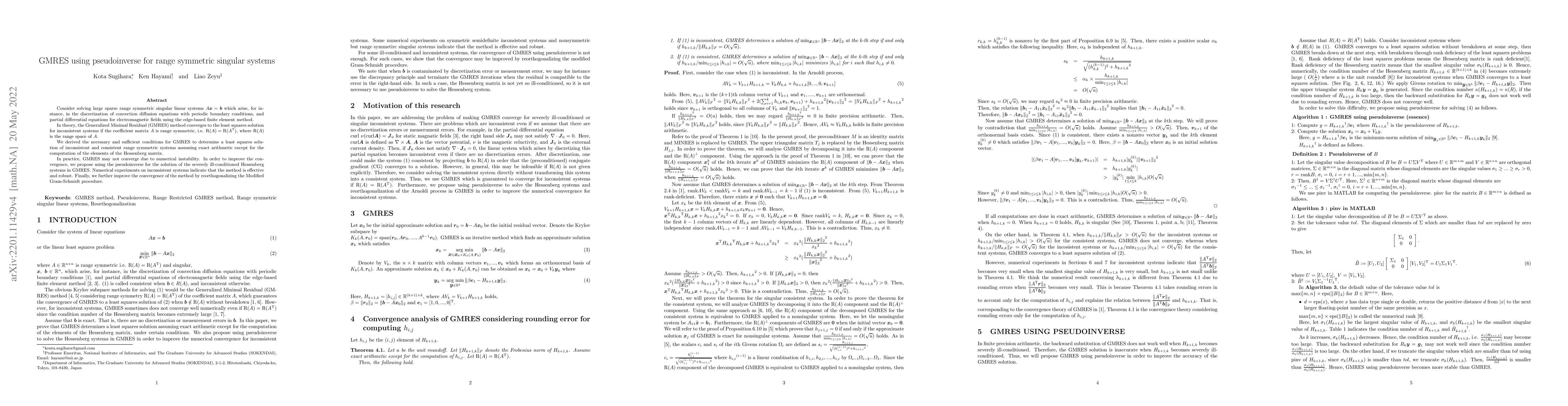 Thumbnail for GMRES using pseudoinverse for range symmetric singular systems