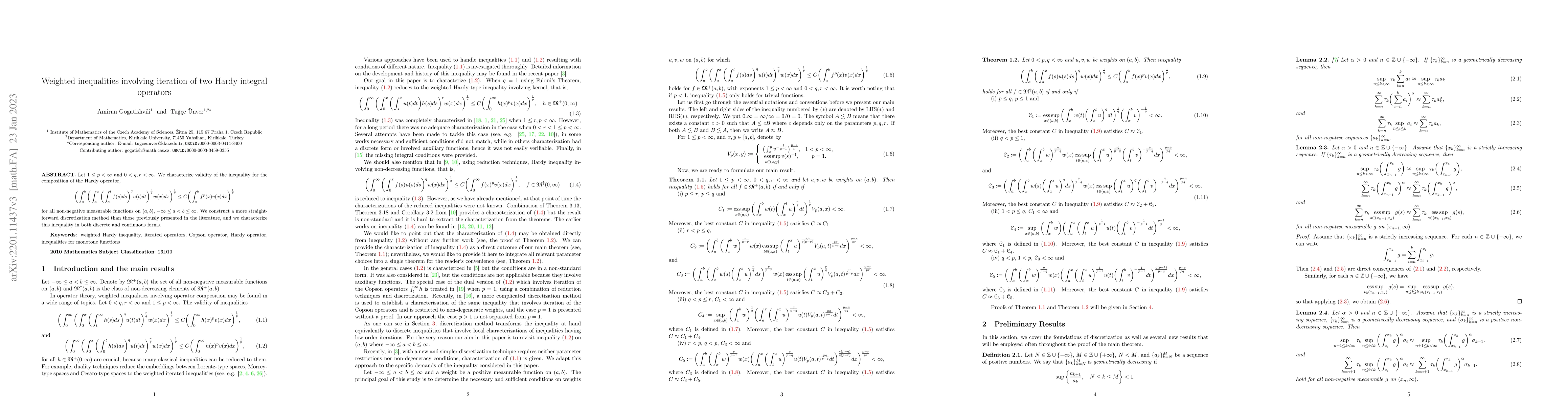 Thumbnail for Weighted inequalities involving iteration of two Hardy integral
  operators