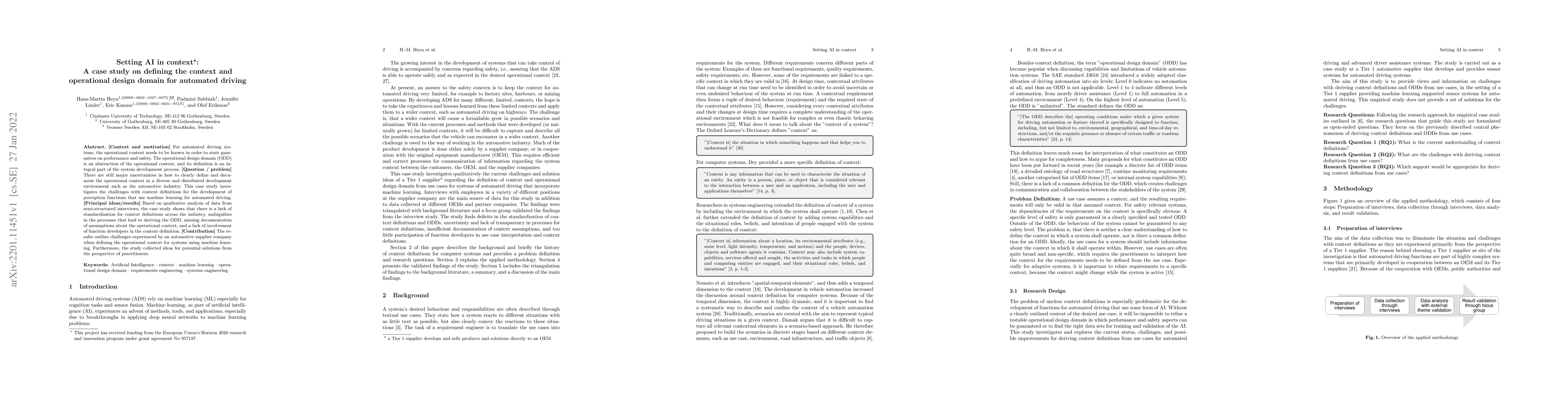 Thumbnail for Setting AI in context: A case study on defining the context and
  operational design domain for automated driving