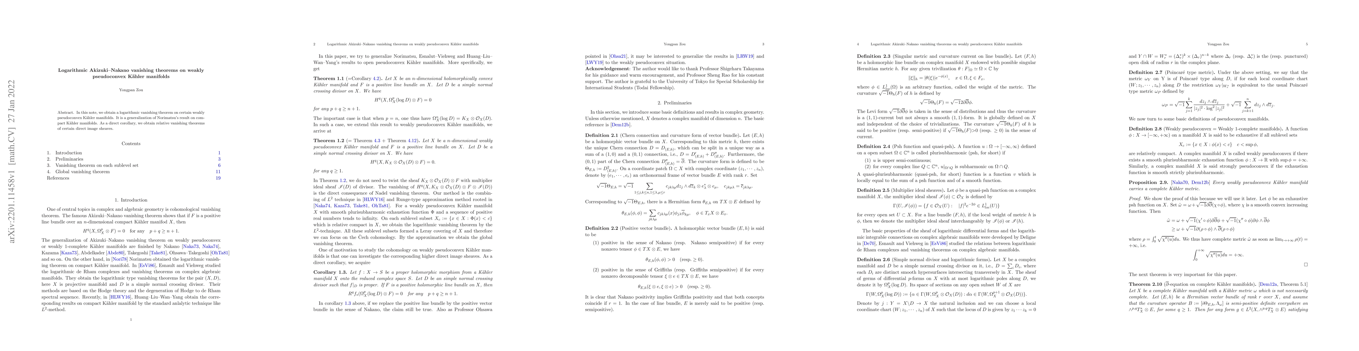 Thumbnail for Logarithmic Akizuki--Nakano vanishing theorems on weakly pseudoconvex
  K\"{a}hler manifolds