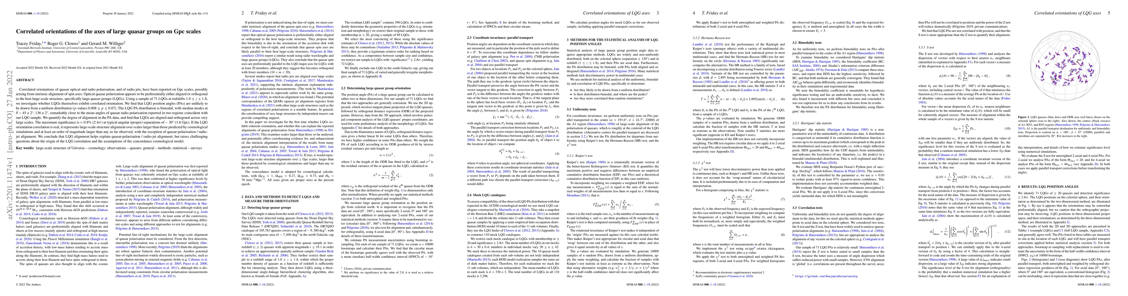 Thumbnail for Correlated orientations of the axes of large quasar groups on Gpc scales