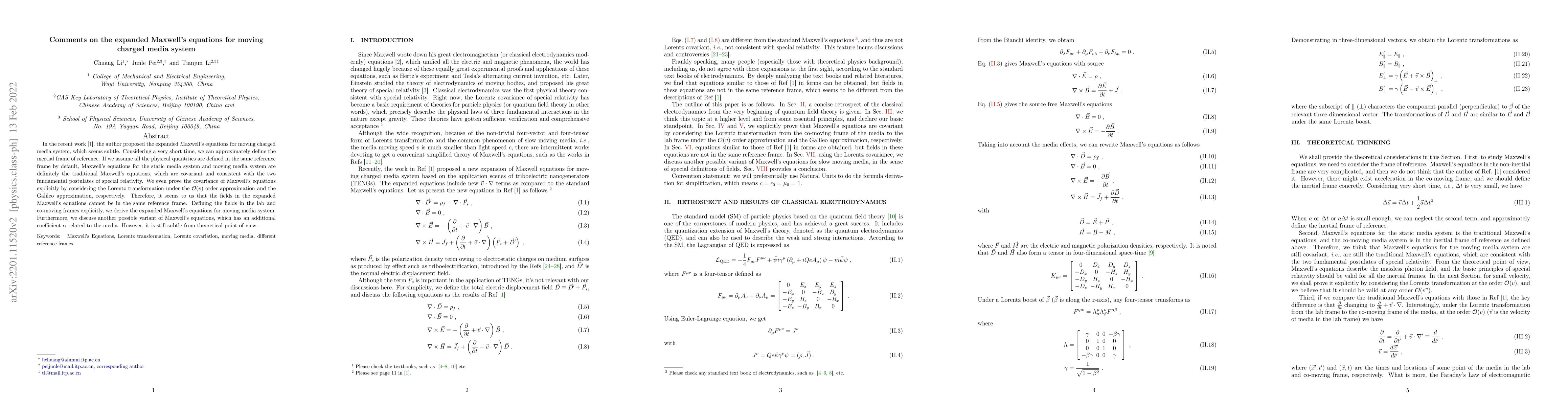 Thumbnail for Comments on the expanded Maxwell's equations for moving charged media
  system