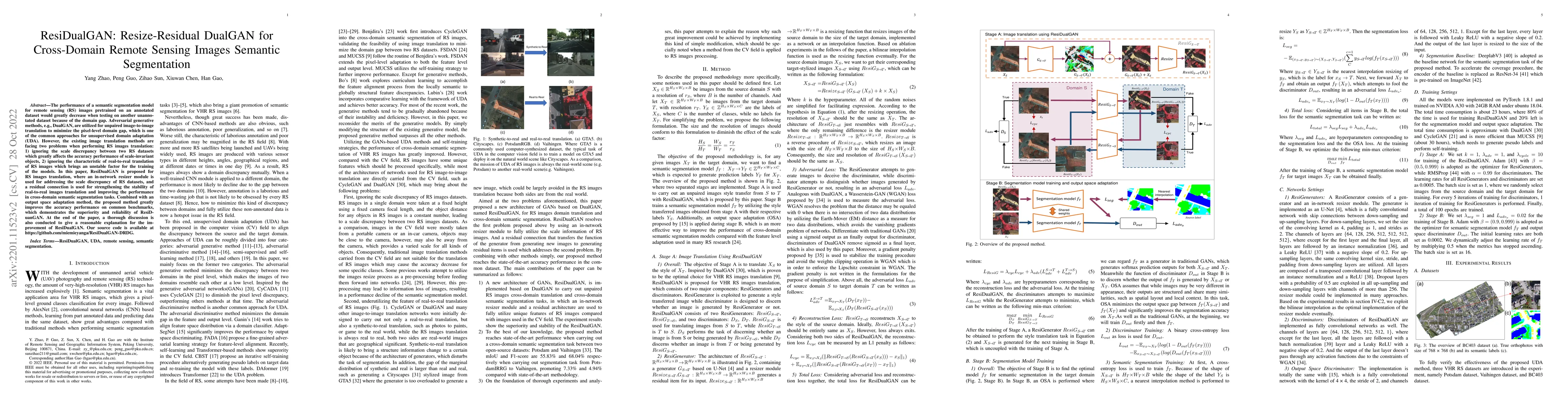Thumbnail for ResiDualGAN: Resize-Residual DualGAN for Cross-Domain Remote Sensing
  Images Semantic Segmentation