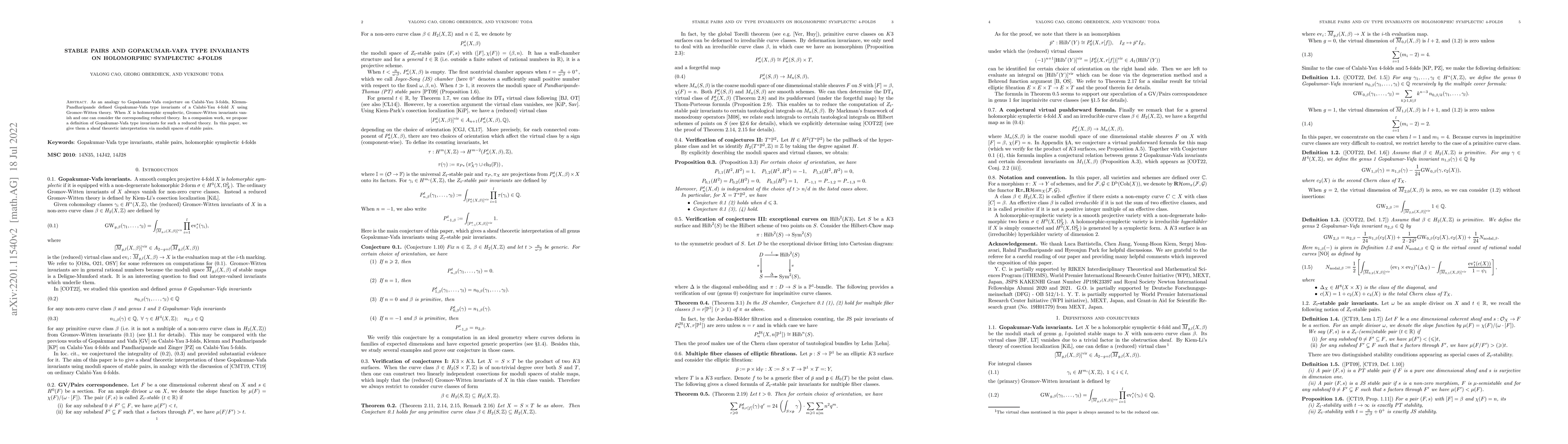 Thumbnail for Stable pairs and Gopakumar-Vafa type invariants on holomorphic
  symplectic 4-folds
