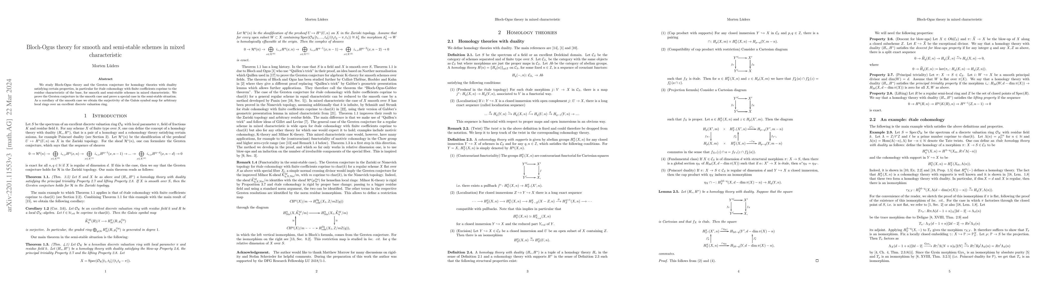 Thumbnail for Bloch-Ogus theory for smooth and semi-stable schemes in mixed
  characteristic