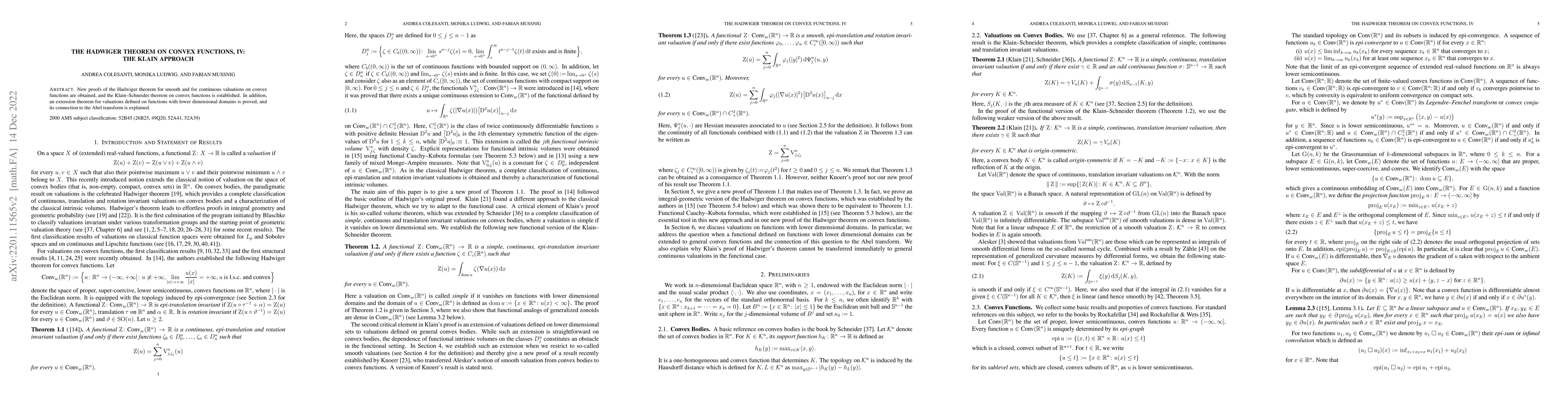 Thumbnail for The Hadwiger theorem on convex functions, IV: The Klain approach