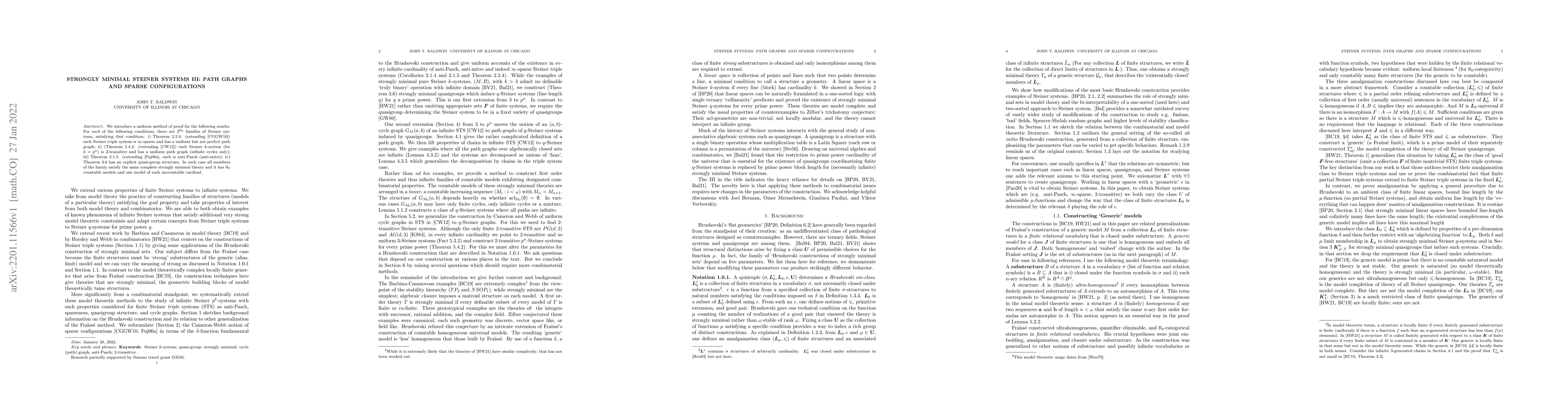 Thumbnail for Strongly minimal Steiner Systems III: Path graphs and sparse
  configurations