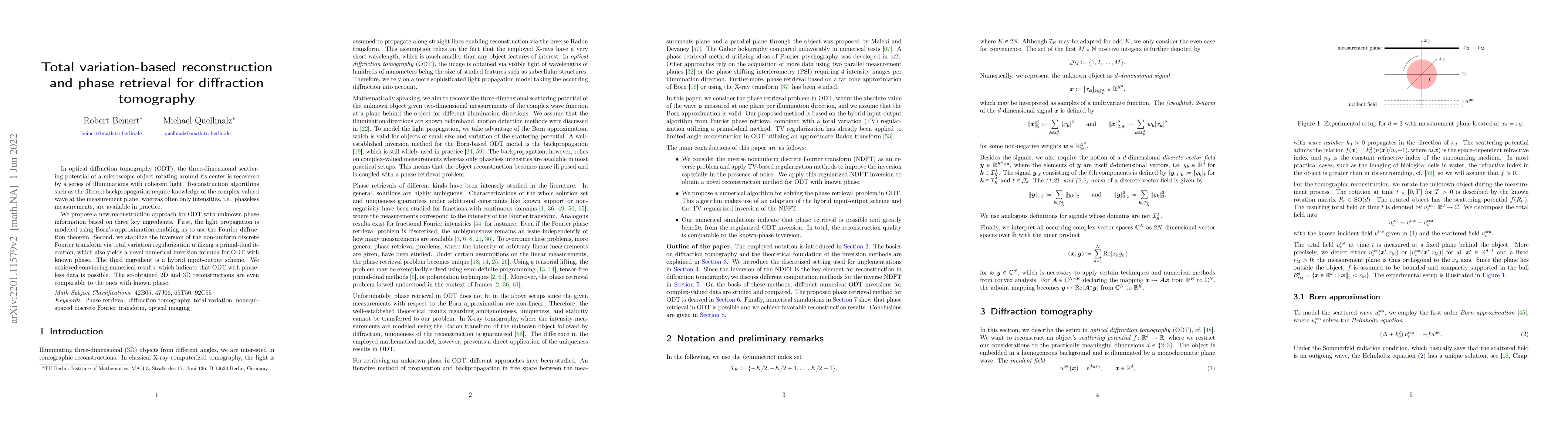 Thumbnail for Total variation-based reconstruction and phase retrieval for diffraction
  tomography