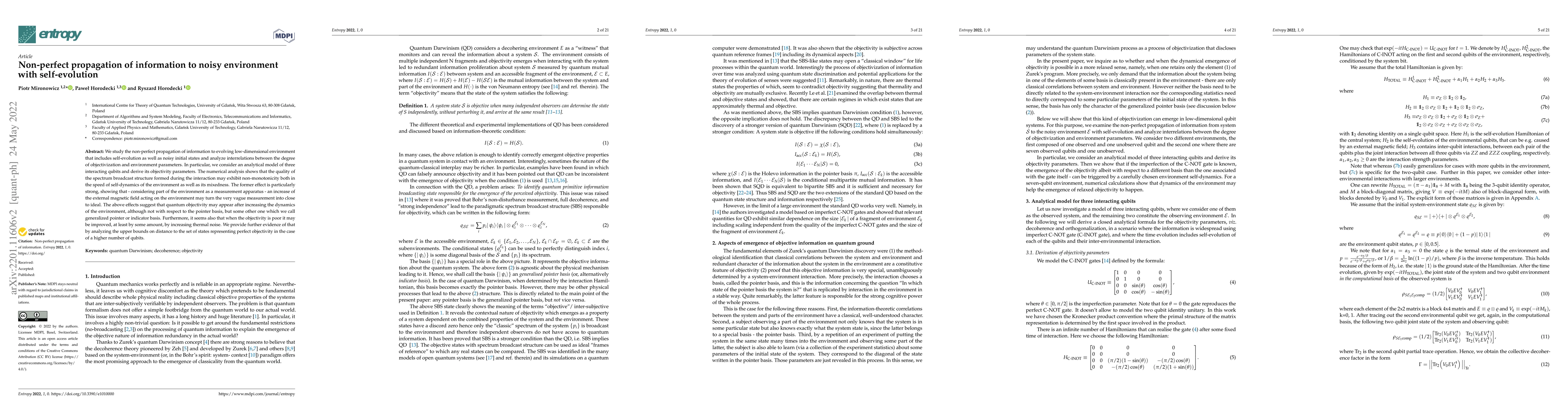Thumbnail for Non-perfect propagation of information to noisy environment with
  self-evolution