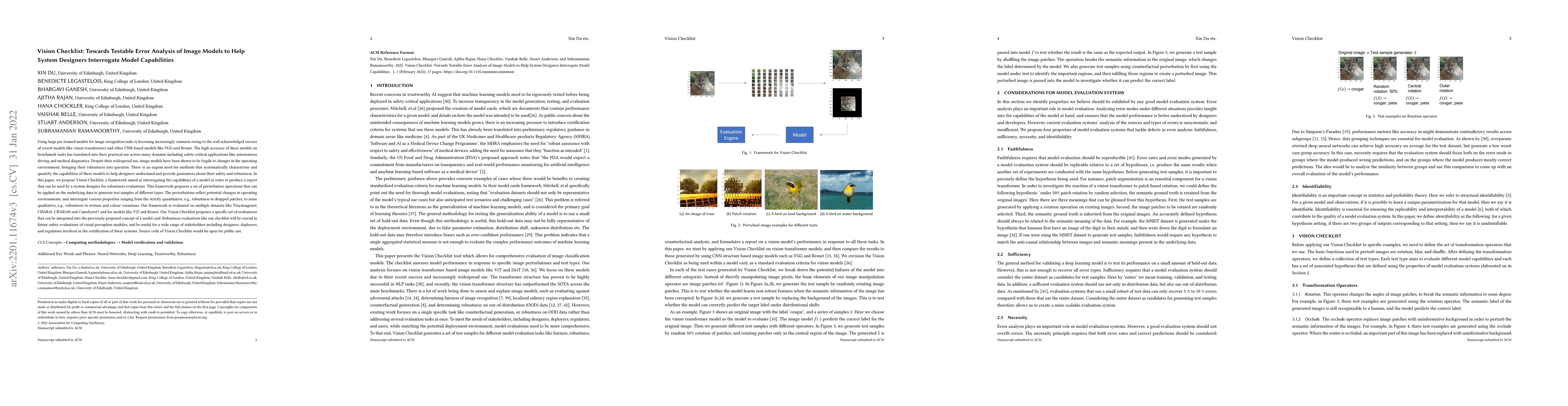 Thumbnail for Vision Checklist: Towards Testable Error Analysis of Image Models to
  Help System Designers Interrogate Model Capabilities