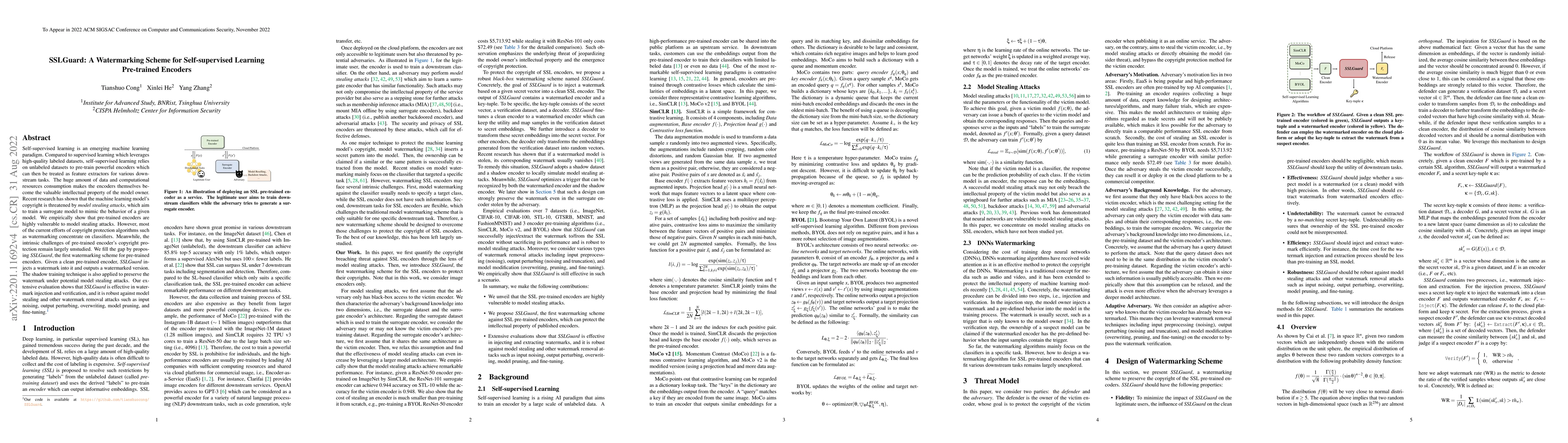 Thumbnail for SSLGuard: A Watermarking Scheme for Self-supervised Learning Pre-trained
  Encoders