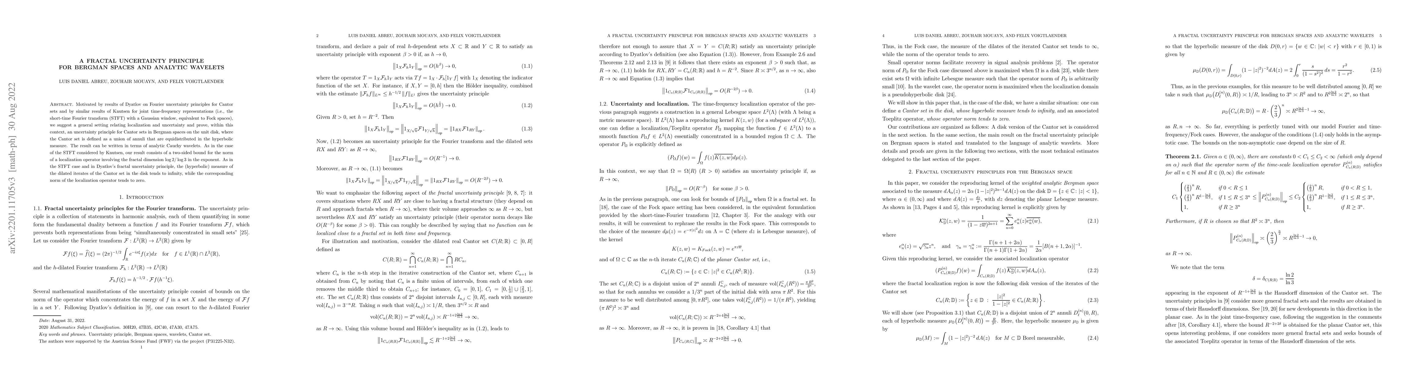Thumbnail for A fractal uncertainty principle for Bergman spaces and analytic wavelets