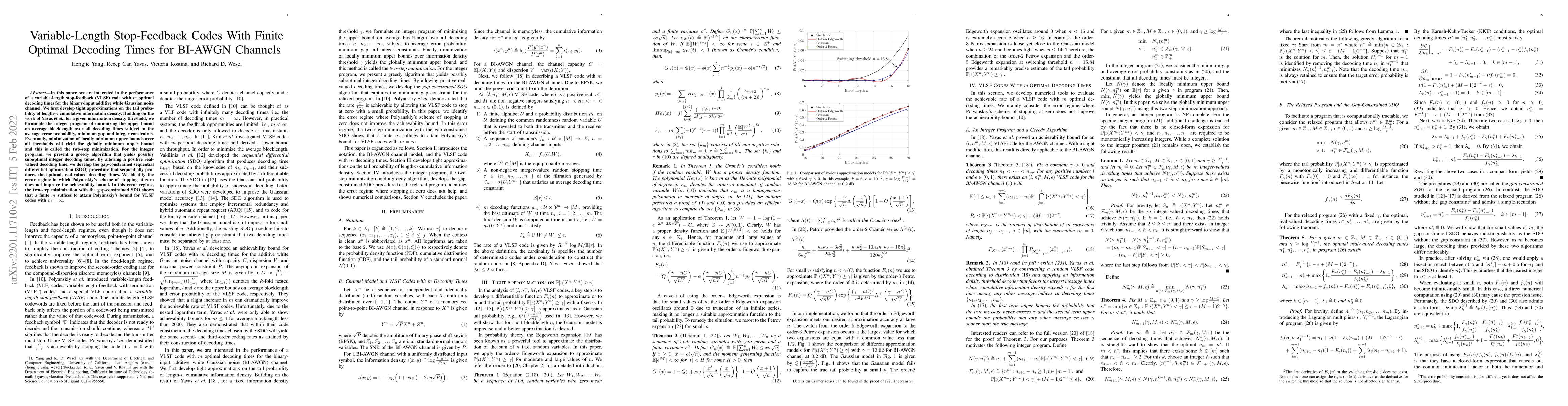 Thumbnail for Variable-Length Stop-Feedback Codes With Finite Optimal Decoding Times
  for BI-AWGN Channels